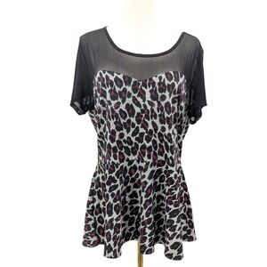 Torrid Leopard Print Peplum Top Mesh Yoke Stretch Size 1‎ Plus Mob Wife